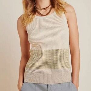 Anthropologie Jo Ribbed Knit Striped Sweater Tank Top Beige Cream